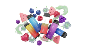 Vibrant 3D render of a collection of IGET vape devices and e-liquid bottles, surrounded by fresh fruit (grape, strawberry, watermelon) representing the top flavors.