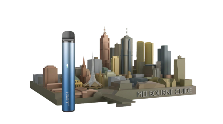 Stylized image of an IGET vape device superimposed over a map or skyline of Melbourne, emphasizing fast local delivery and availability.
