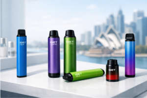 "A professional display of IGET Bar and IGET Legend disposable vapes in various colors, including blue, purple, and green, set against a blurred Sydney skyline background to represent IGET vapes for sale in Australia."