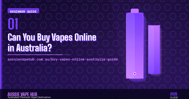 Purple-toned 3D blog banner reading 'Can You Buy Vapes Online in Australia?' with two floating vape devices and AussieVapeHub branding – 2026 guide